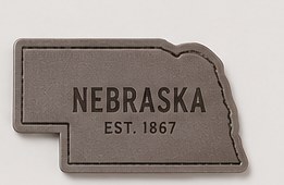 Nebraska-shaped leatherette patch, laser engraved